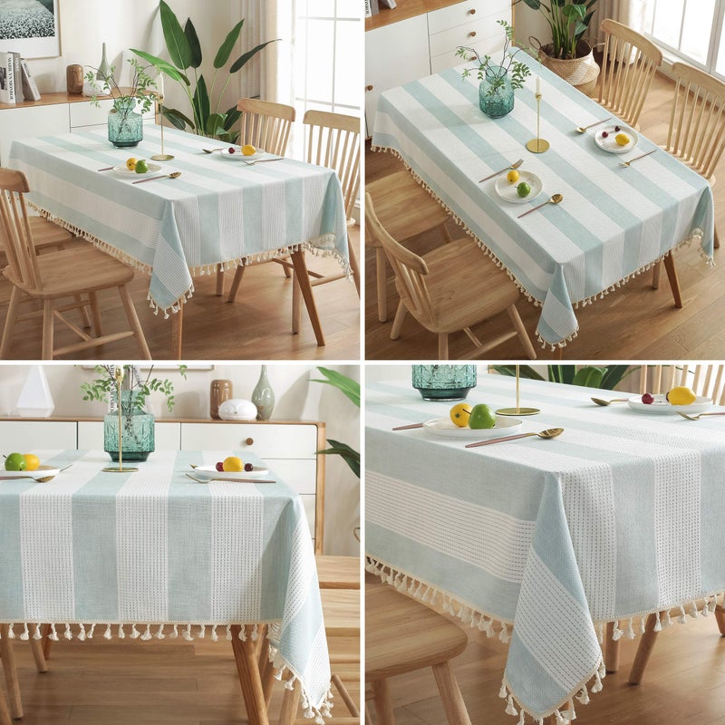 AmHoo Stitching Tassel Tablecloth Striped Table Cloth Rectangle Cotton Linen Dust-Proof Table Cover for Kitchen Dinning 54 x 54 Inch Teal - Image 4